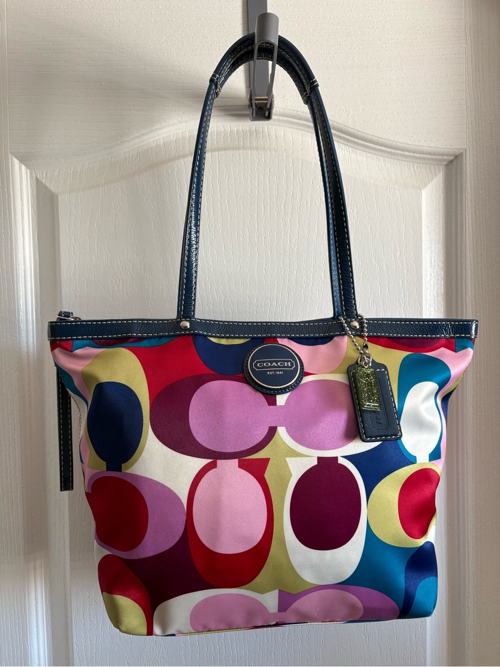 Coach Multicolor Pop Circle Canvas Tote with Navy Trim